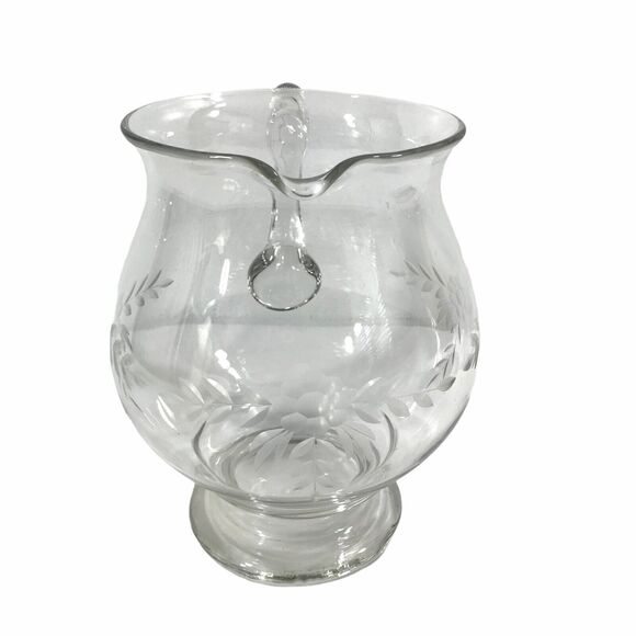 Vintage Etched Floral Pitcher‎ Clear Depression Glass 8" Tall - Picture 6 of 7